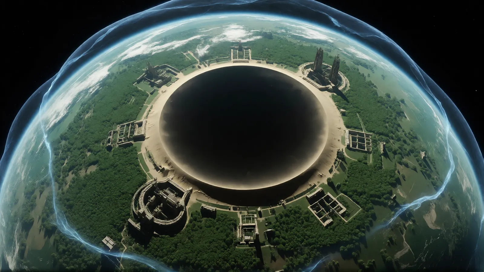 From orbit: a green planet threaded with strange structures, and a dead circle of desert where nothing grows.