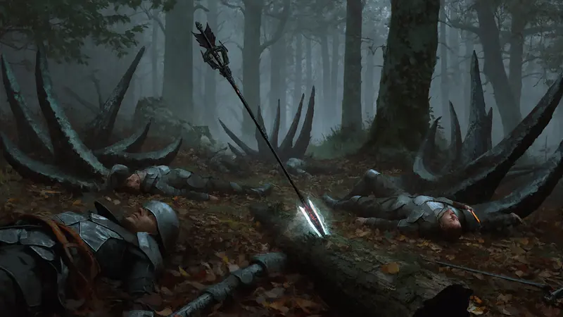Fallen soldiers in the grass, with laser-cut arrows standing in the ground.