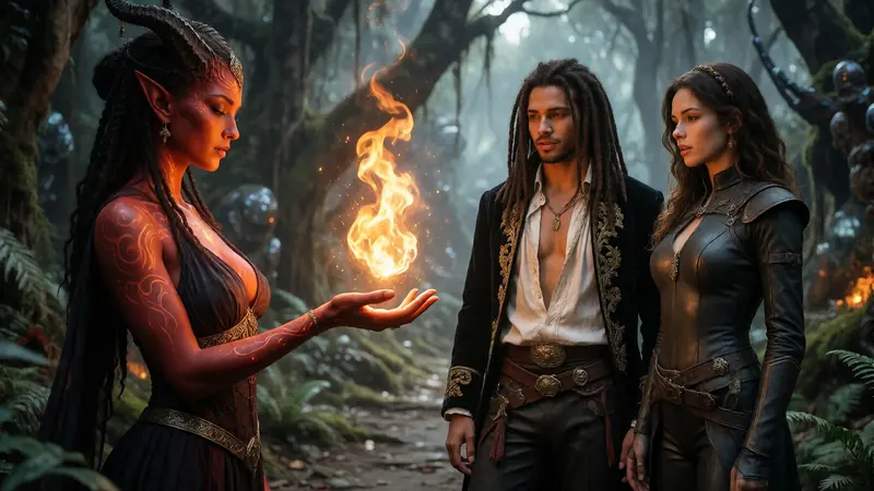 A horned figure holds a flame in her open palm while two of the crew look on.