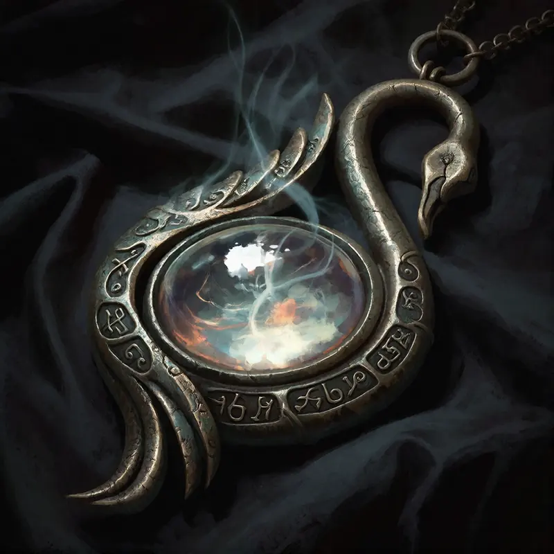 A silver swan pendant set around a glowing stone.