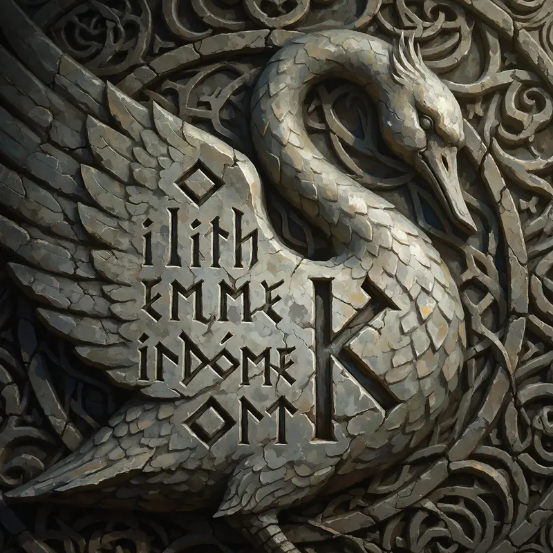 A swan in stone relief with an inscription in an unknown script, and a mark like the letter K.