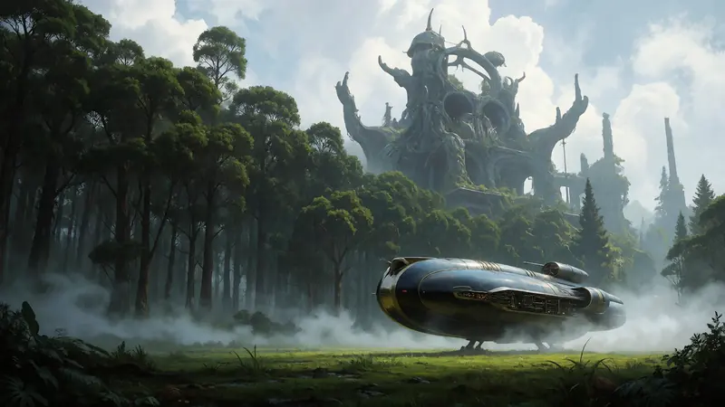 A ship settles into a misty clearing in front of a ruined tower.